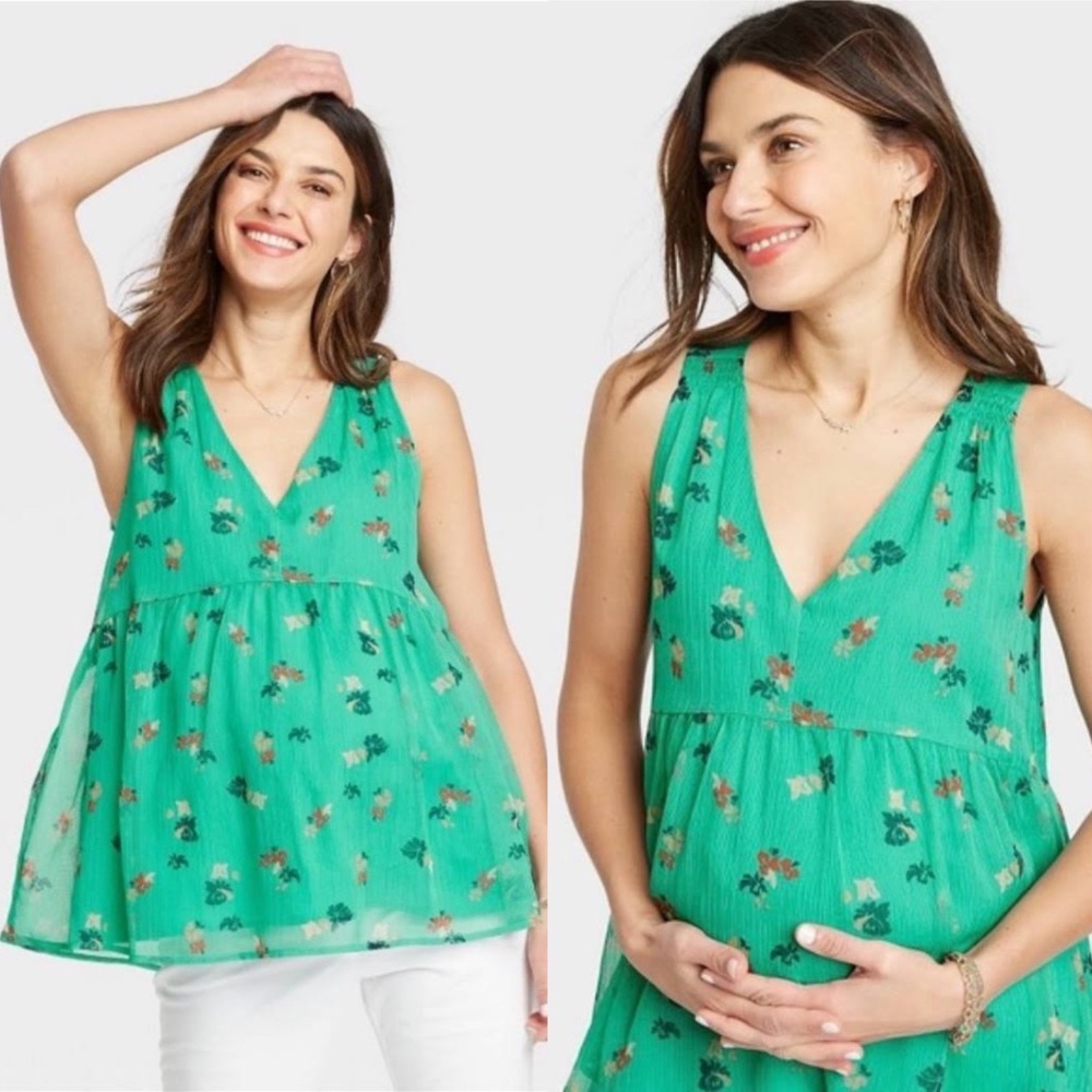 The Nines by Hatch Floral Green Maternity Top Size Small